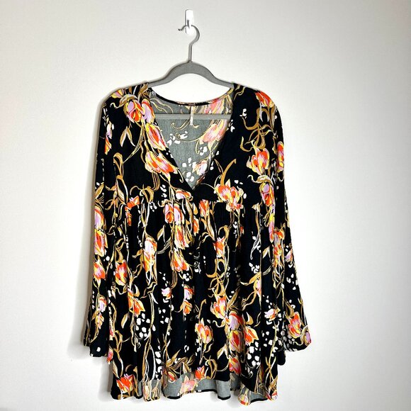 Free People Bella Floral Print Tunic Flowy Bohemian Flared Sleeve Top Sz Medium - Picture 3 of 7
